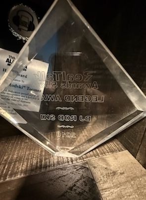 A diamond-shaped clear acrylic legend award engraved for DJ Rod Ski